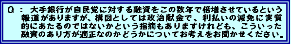 Q: 大手銀行が自民党に対する融資をこの数年で倍増させているという報道がありますが、構図としては政治献金で、利払いの減免に実質的にあたるのではないかという指摘もありますけれども、こういった融資のあり方が適正なのかどうかについてお考えをお聞かせください。